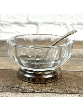VTG 50s MCM Octagon Glass Condiment Pot Silver Plate Pedestal Sheffield Spoon